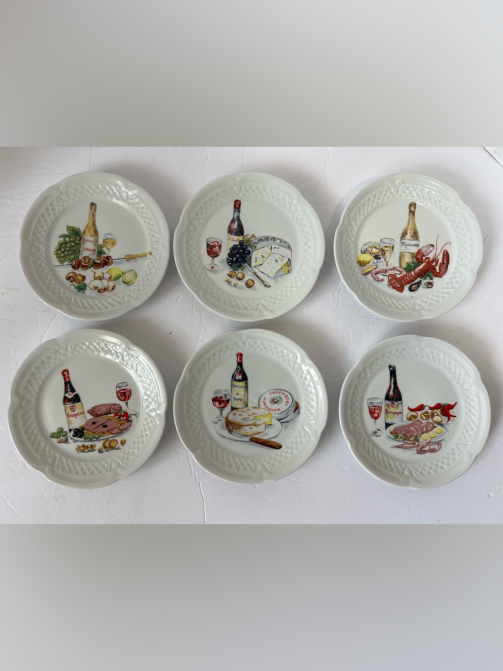 Vintage Lourioux France Porcelain Wine cheese Appetizer Plates Set of 6